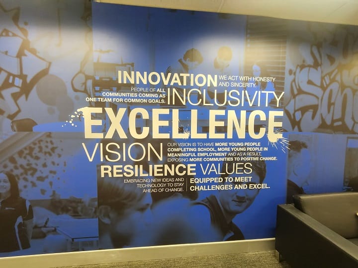 Picture of wall with word cloud including Innovation Inclusivity Excellence Vision Resilience and Values.